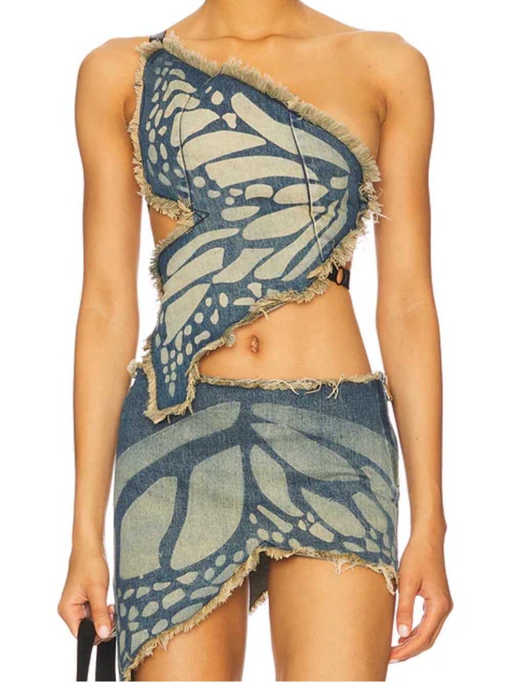 1xblue Denim Butterfly Print Two-Piece Set